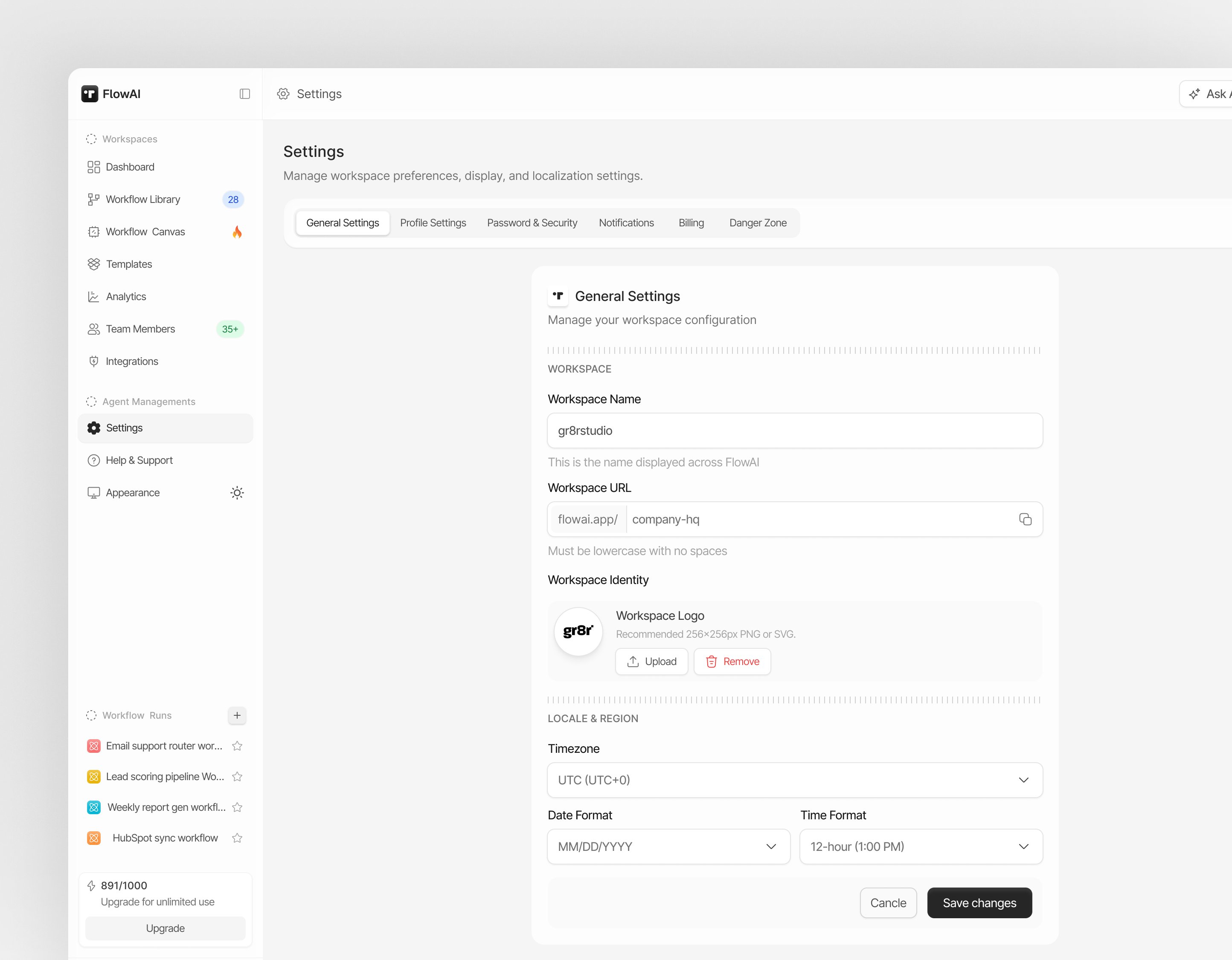FlowAI workspace settings UI